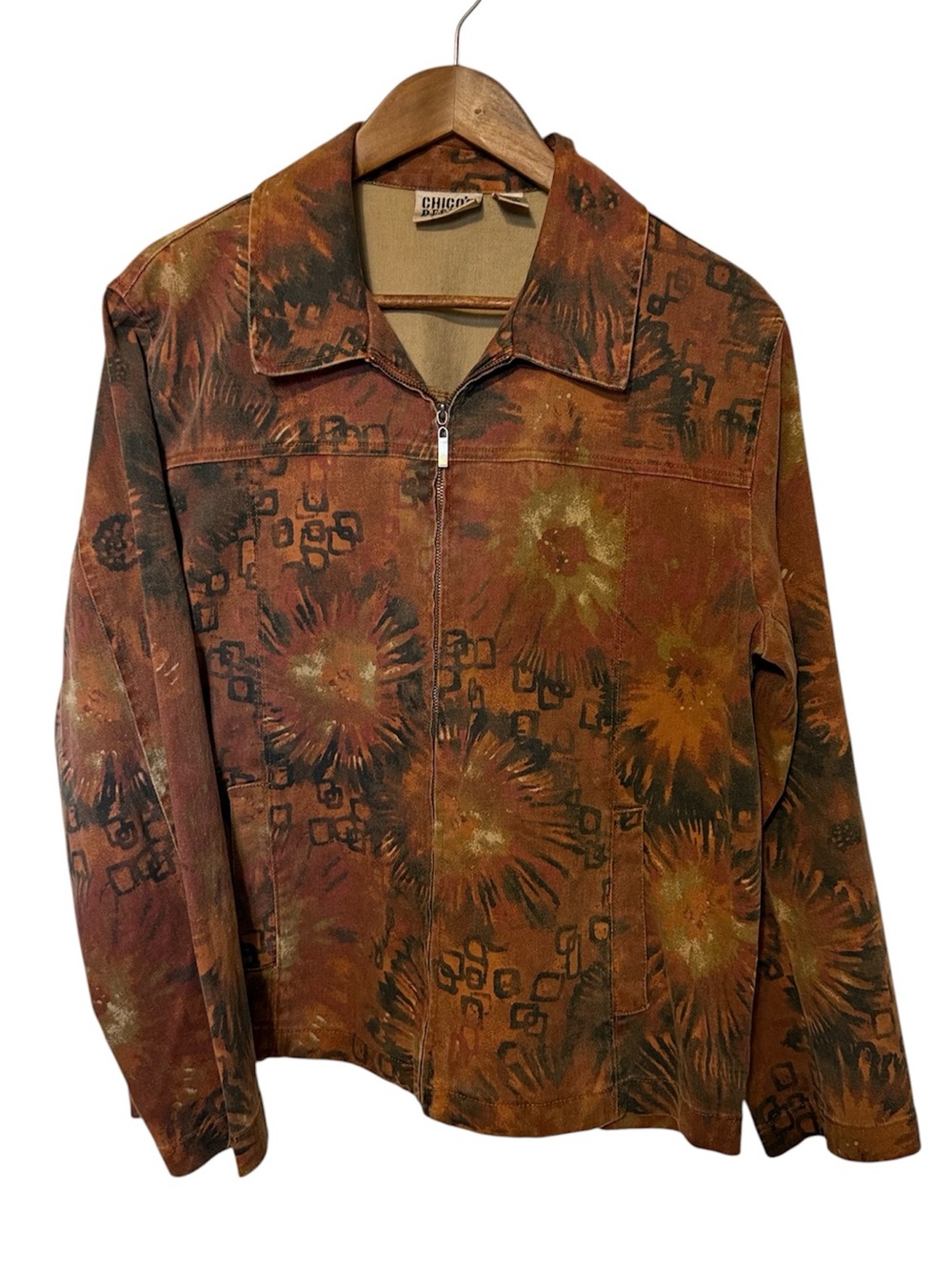 Vintage Chico’s Graphic Denim Jacket Faded Print Earth Tones Abstract 2 (L)